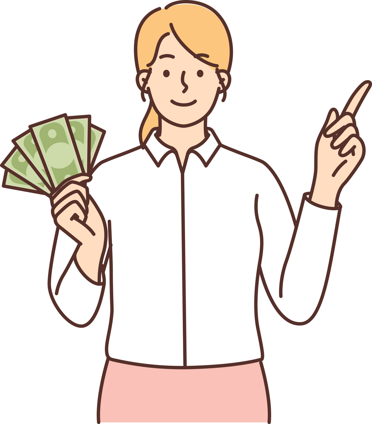 Woman with banknotes of cash in hands offering to attend training seminar by business trainer
